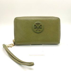 Tory Burch Women’s  Wristlet zip Wallet in Olive Green Leather